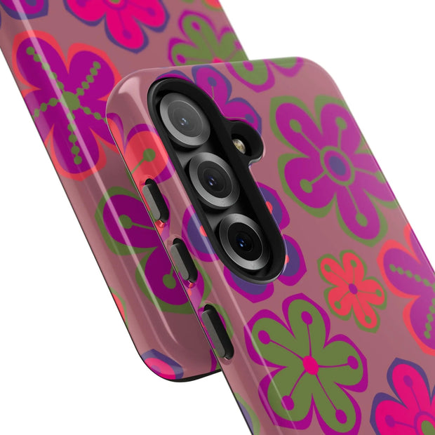 Retro Neon Groovy Flowers Tough Phone Case – 70s Psychedelic Floral Pattern LavenderCeleste