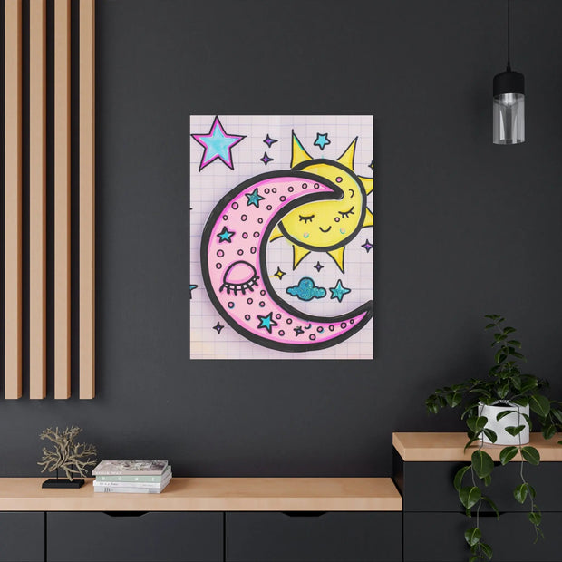 Kawaii Sun and Moon Doodle Matte Canvas Art Print LavenderCeleste