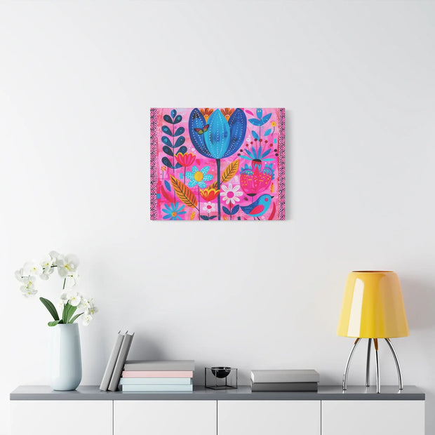 Whimsical Pink Blue Floral Matte Canvas Art - LavenderCeleste