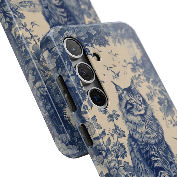 Maine Coon Toile Tough Phone Case – Vintage Blue Floral Cat Pattern - LavenderCeleste
