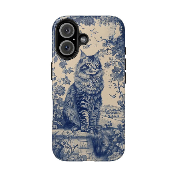 Maine Coon Toile Tough Phone Case – Vintage Blue Floral Cat Pattern - LavenderCeleste