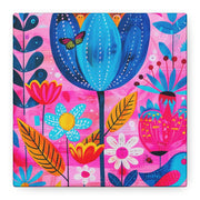 Whimsical Pink Blue Floral Matte Canvas Art - LavenderCeleste