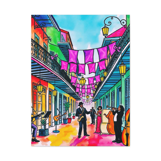 Vibrant New Orleans Jazz Street Matte Canvas – French Quarter Music Scene Printify