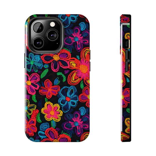 Neon Crochet Floral Tough Phone Case – Vibrant Retro Handmade Pattern Printify
