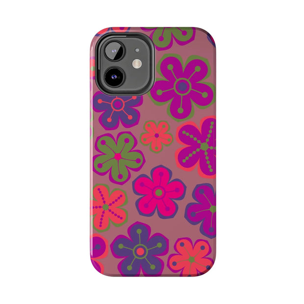 Retro Neon Groovy Flowers Tough Phone Case – 70s Psychedelic Floral Pattern LavenderCeleste