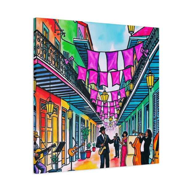 Vibrant New Orleans Jazz Street Matte Canvas – French Quarter Music Scene LavenderCeleste