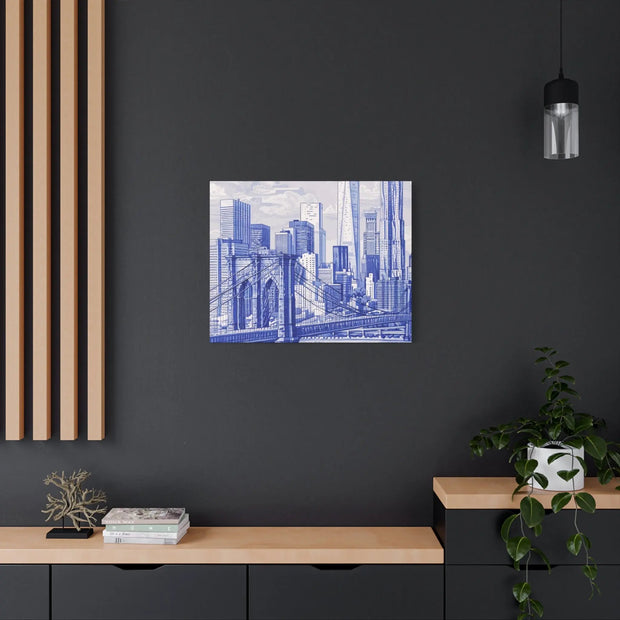 New York City Toile Art – Blue Scenic Skyline Matte Canvas Printify