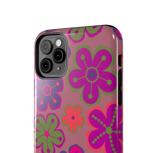Retro Neon Groovy Flowers Tough Phone Case – 70s Psychedelic Floral Pattern LavenderCeleste