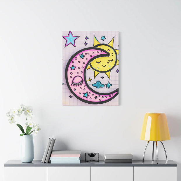 Kawaii Sun and Moon Doodle Matte Canvas Art Print LavenderCeleste