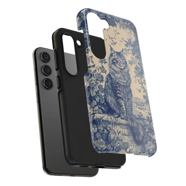Maine Coon Toile Tough Phone Case – Vintage Blue Floral Cat Pattern - LavenderCeleste