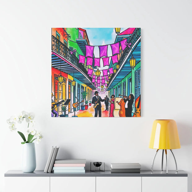 Vibrant New Orleans Jazz Street Matte Canvas – French Quarter Music Scene LavenderCeleste