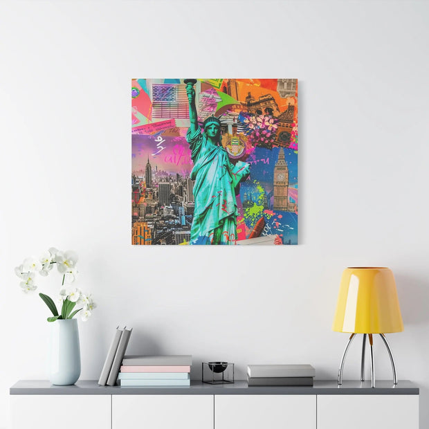 Vibrant New York Collage Matte Canvas – Statue of Liberty Pop Art LavenderCeleste