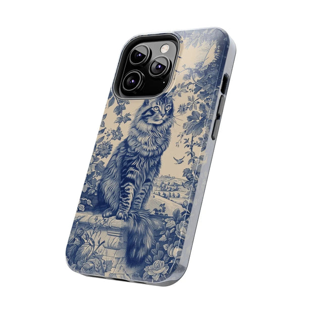 Maine Coon Toile Tough Phone Case – Vintage Blue Floral Cat Pattern - LavenderCeleste