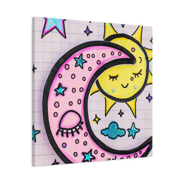 Kawaii Sun and Moon Doodle Matte Canvas Art Print LavenderCeleste