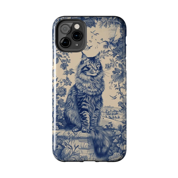 Maine Coon Toile Tough Phone Case – Vintage Blue Floral Cat Pattern - LavenderCeleste