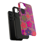 Retro Neon Groovy Flowers Tough Phone Case – 70s Psychedelic Floral Pattern LavenderCeleste