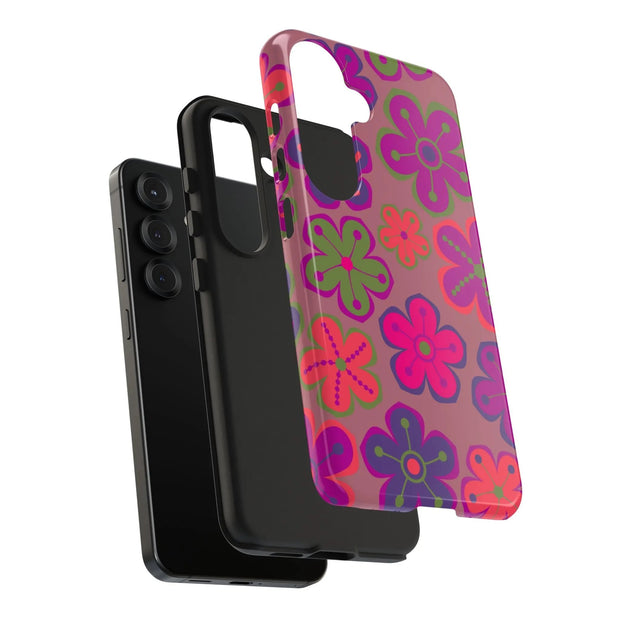 Retro Neon Groovy Flowers Tough Phone Case – 70s Psychedelic Floral Pattern LavenderCeleste