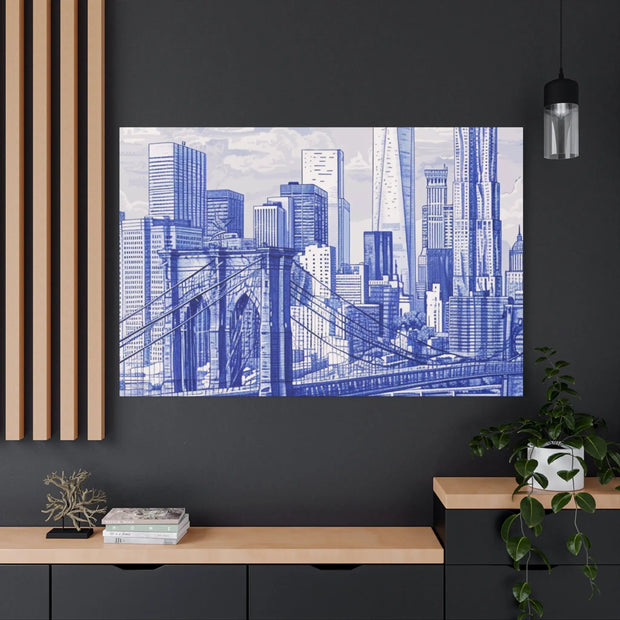 New York City Toile Art – Blue Scenic Skyline Matte Canvas Printify