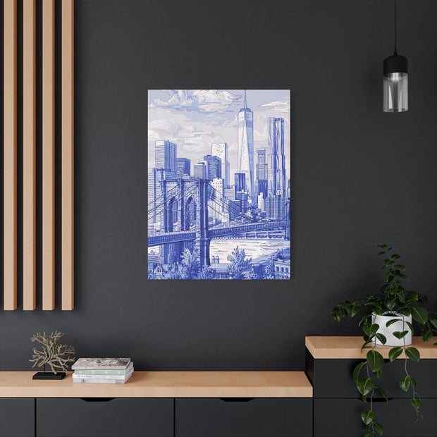 New York City Toile Art – Blue Scenic Skyline Matte Canvas LavenderCeleste