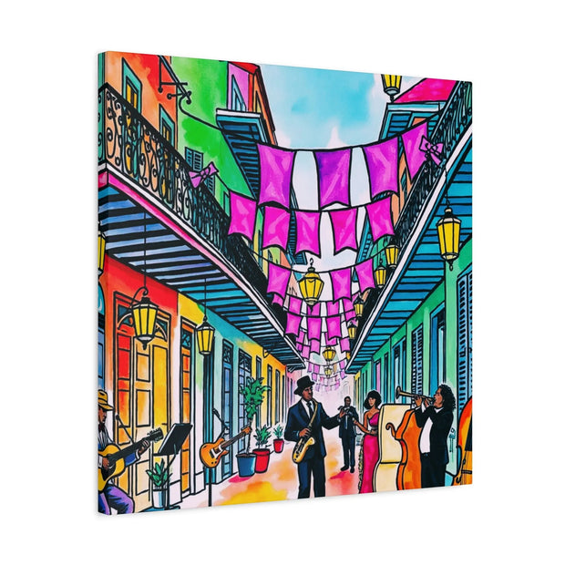Vibrant New Orleans Jazz Street Matte Canvas – French Quarter Music Scene LavenderCeleste