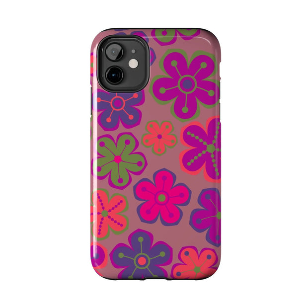 Retro Neon Groovy Flowers Tough Phone Case – 70s Psychedelic Floral Pattern LavenderCeleste