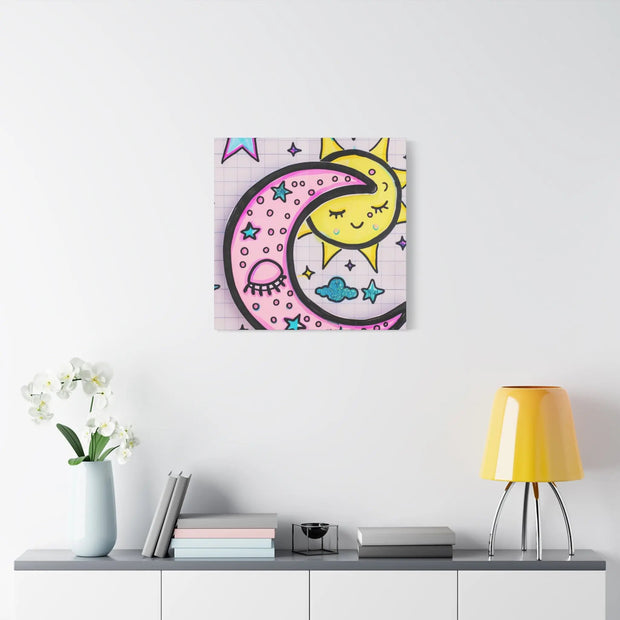 Kawaii Sun and Moon Doodle Matte Canvas Art Print LavenderCeleste