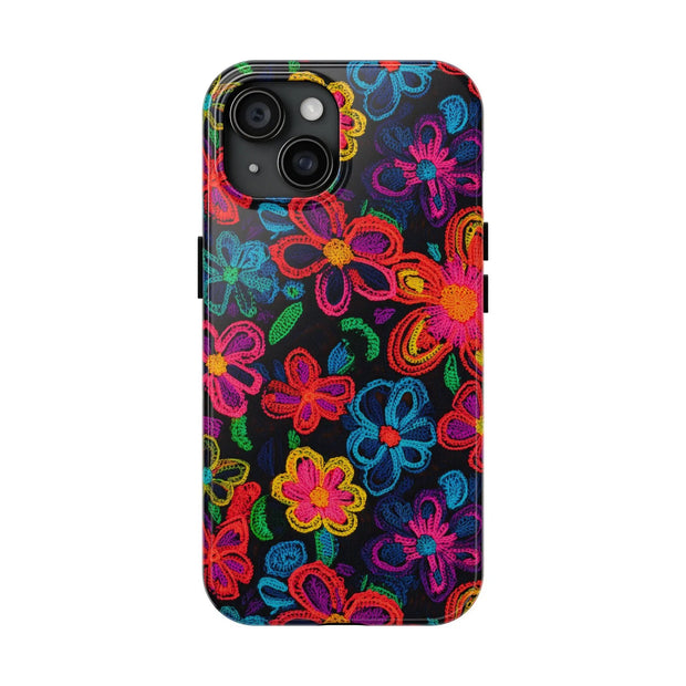 Neon Crochet Floral Tough Phone Case – Vibrant Retro Handmade Pattern Printify