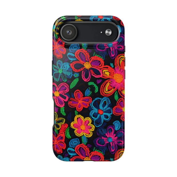 Neon Crochet Floral Tough Phone Case – Vibrant Retro Handmade Pattern Printify