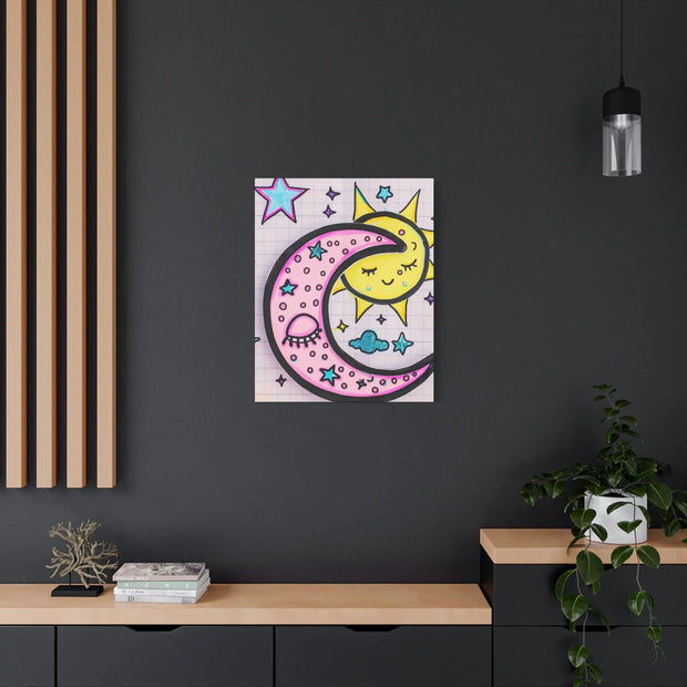Kawaii Sun and Moon Doodle Matte Canvas Art Print LavenderCeleste
