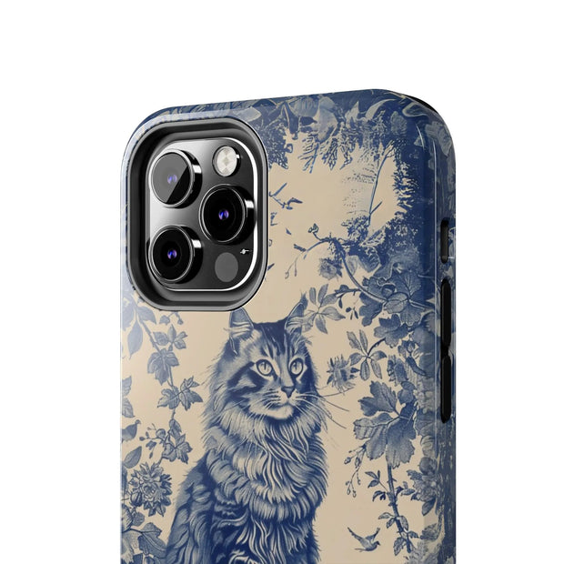 Maine Coon Toile Tough Phone Case – Vintage Blue Floral Cat Pattern - LavenderCeleste