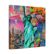 Vibrant New York Collage Matte Canvas – Statue of Liberty Pop Art LavenderCeleste