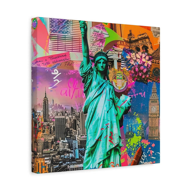 Vibrant New York Collage Matte Canvas – Statue of Liberty Pop Art LavenderCeleste