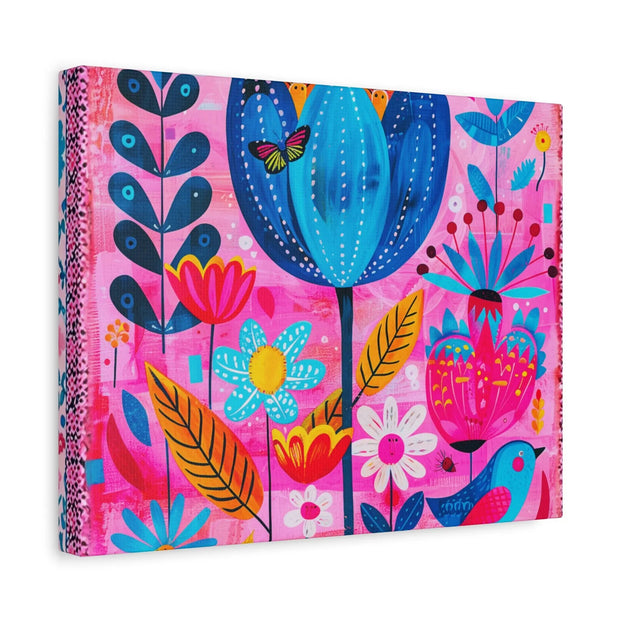 Whimsical Pink Blue Floral Matte Canvas Art - LavenderCeleste
