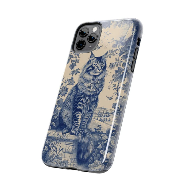 Maine Coon Toile Tough Phone Case – Vintage Blue Floral Cat Pattern - LavenderCeleste