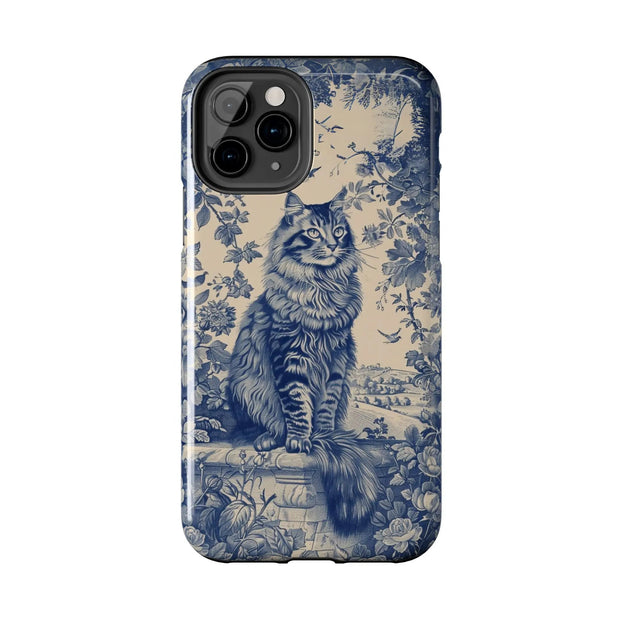 Maine Coon Toile Tough Phone Case – Vintage Blue Floral Cat Pattern - LavenderCeleste