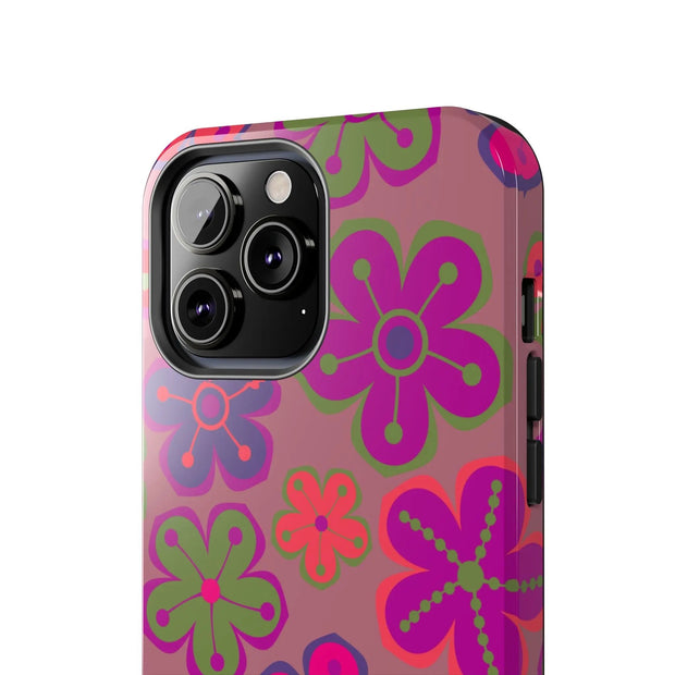 Retro Neon Groovy Flowers Tough Phone Case – 70s Psychedelic Floral Pattern LavenderCeleste