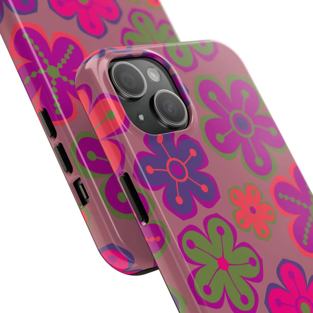 Retro Neon Groovy Flowers Tough Phone Case – 70s Psychedelic Floral Pattern LavenderCeleste