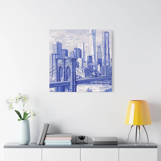 New York City Toile Art – Blue Scenic Skyline Matte Canvas LavenderCeleste