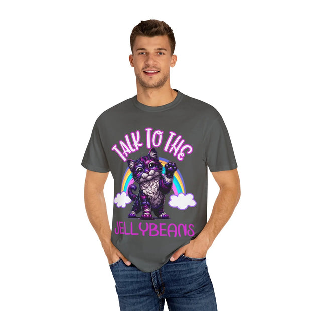 Talk to the Jellybeans Rainbow Cat Comfort Colors Tee LavenderCeleste