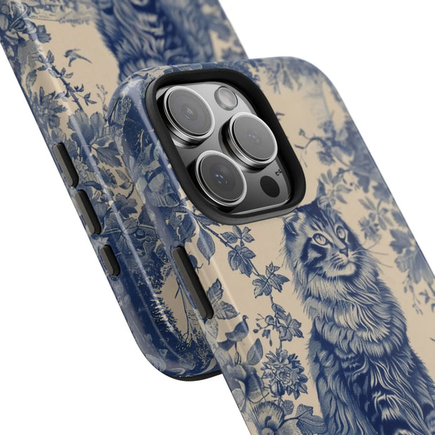 Maine Coon Toile Tough Phone Case – Vintage Blue Floral Cat Pattern - LavenderCeleste