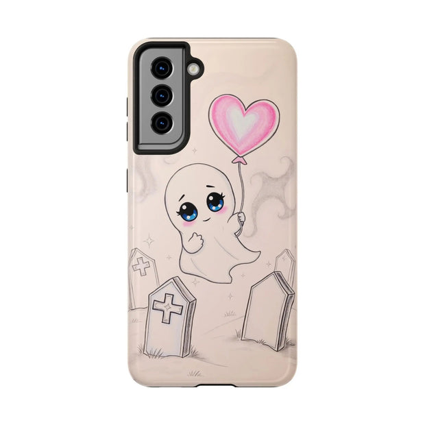Sad Ghost with Heart Balloon Kawaii Tough Phone Case LavenderCeleste