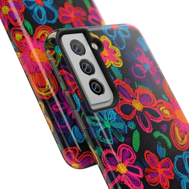 Neon Crochet Floral Tough Phone Case – Vibrant Retro Handmade Pattern LavenderCeleste