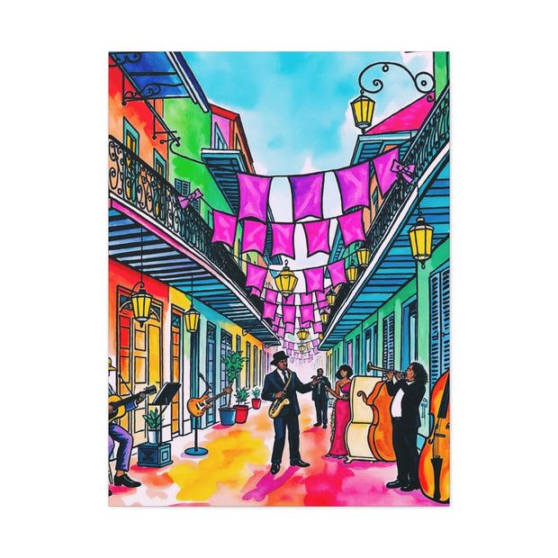 Vibrant New Orleans Jazz Street Matte Canvas – French Quarter Music Scene Printify