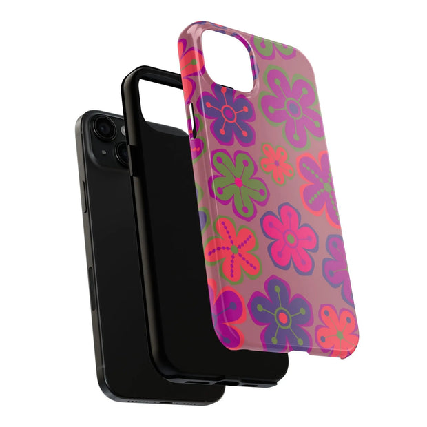 Retro Neon Groovy Flowers Tough Phone Case – 70s Psychedelic Floral Pattern LavenderCeleste