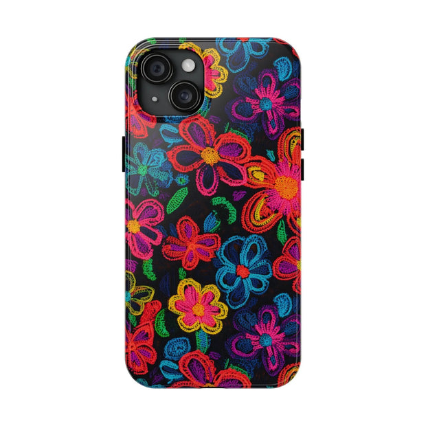 Neon Crochet Floral Tough Phone Case – Vibrant Retro Handmade Pattern Printify