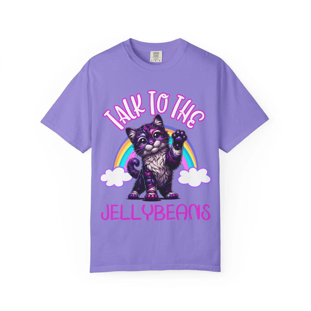 Talk to the Jellybeans Rainbow Cat Comfort Colors Tee LavenderCeleste