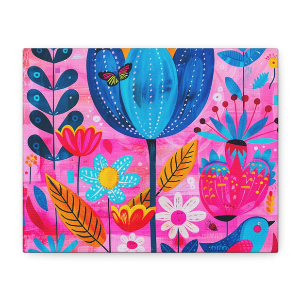 Whimsical Pink Blue Floral Matte Canvas Art - LavenderCeleste
