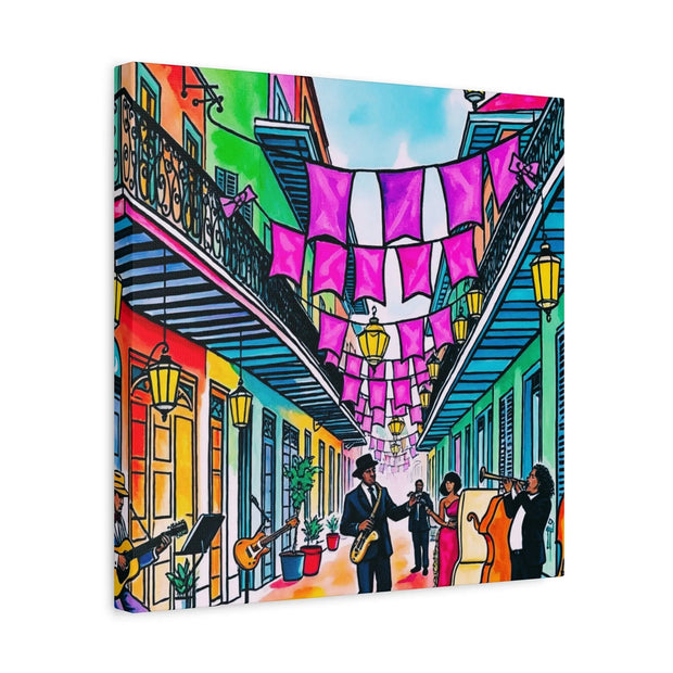 Vibrant New Orleans Jazz Street Matte Canvas – French Quarter Music Scene LavenderCeleste