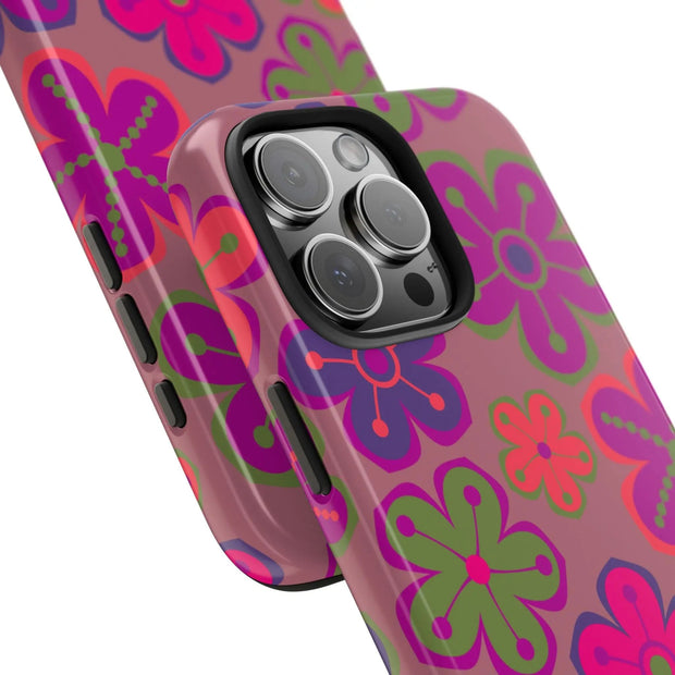 Retro Neon Groovy Flowers Tough Phone Case – 70s Psychedelic Floral Pattern LavenderCeleste