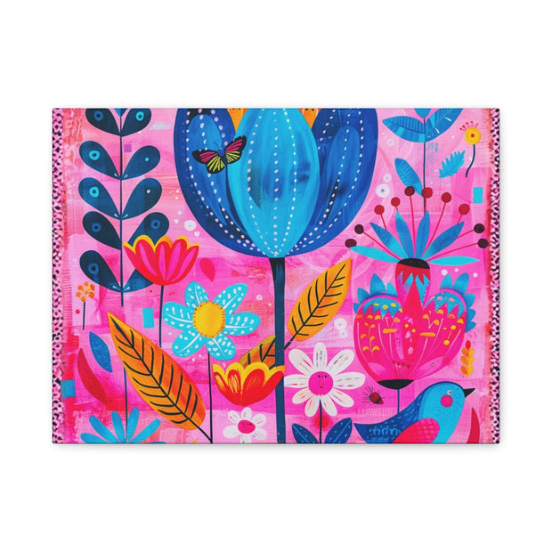 Whimsical Pink Blue Floral Matte Canvas Art - LavenderCeleste